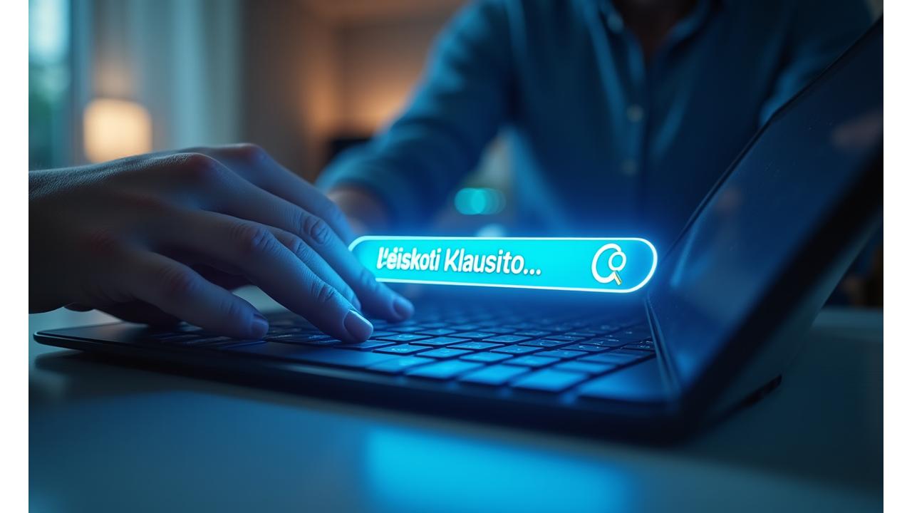 Asmuo, ieškantis informacijos paieškos juostoje, simbolizuojantis lengvą atsakymų radimą apie paskolų grąžinimą.