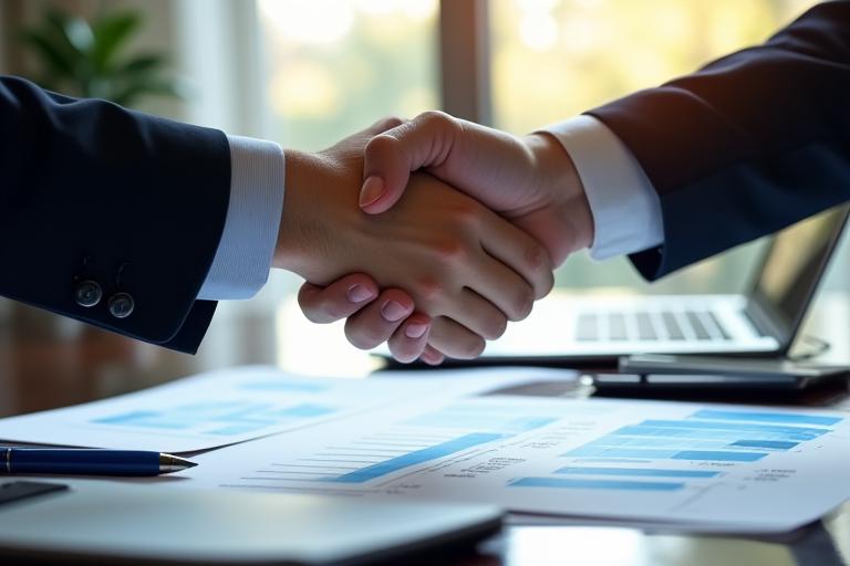 Dvi rankos, spaudžiančios viena kitai ranką ant stalo su dokumentais ir finansinėmis diagramomis. Simbolizuoja profesionalią konsultaciją ir pasitikėjimą.