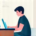 Studentas, studijuojantis prie kompiuterio, simbolizuojantis skubią finansinę pagalbą.