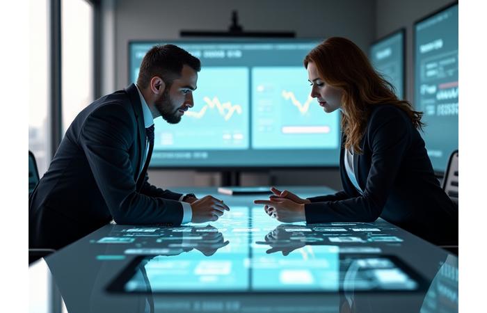 Du verslo partneriai konsultuojasi prie stalo, žiūri į diagramas planšetiniame kompiuteryje, rodo bendradarbiavimą ir finansinį planavimą. Ryškios, profesionalios biuro aplinkos spalvos, simbolizuojančios sėkmingą verslą.