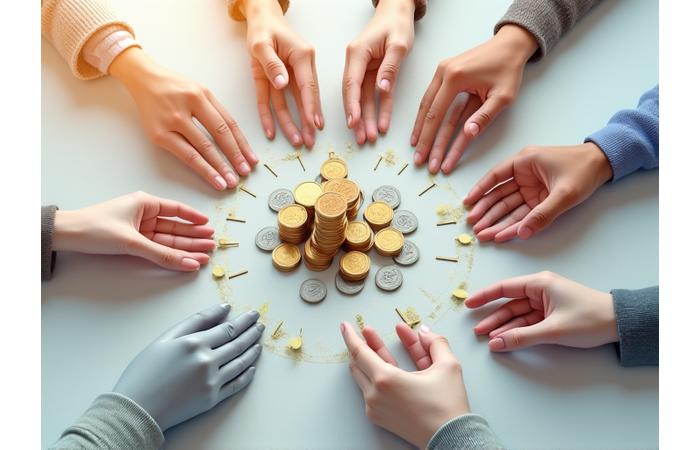 Rankos, laikančios skirtingų spalvų monetų krūveles, sujungiančios jas į vieną didesnę krūvą ant stalo su diagramomis, simbolizuojančios skolų konsolidavimą ir finansinį valdymą.
