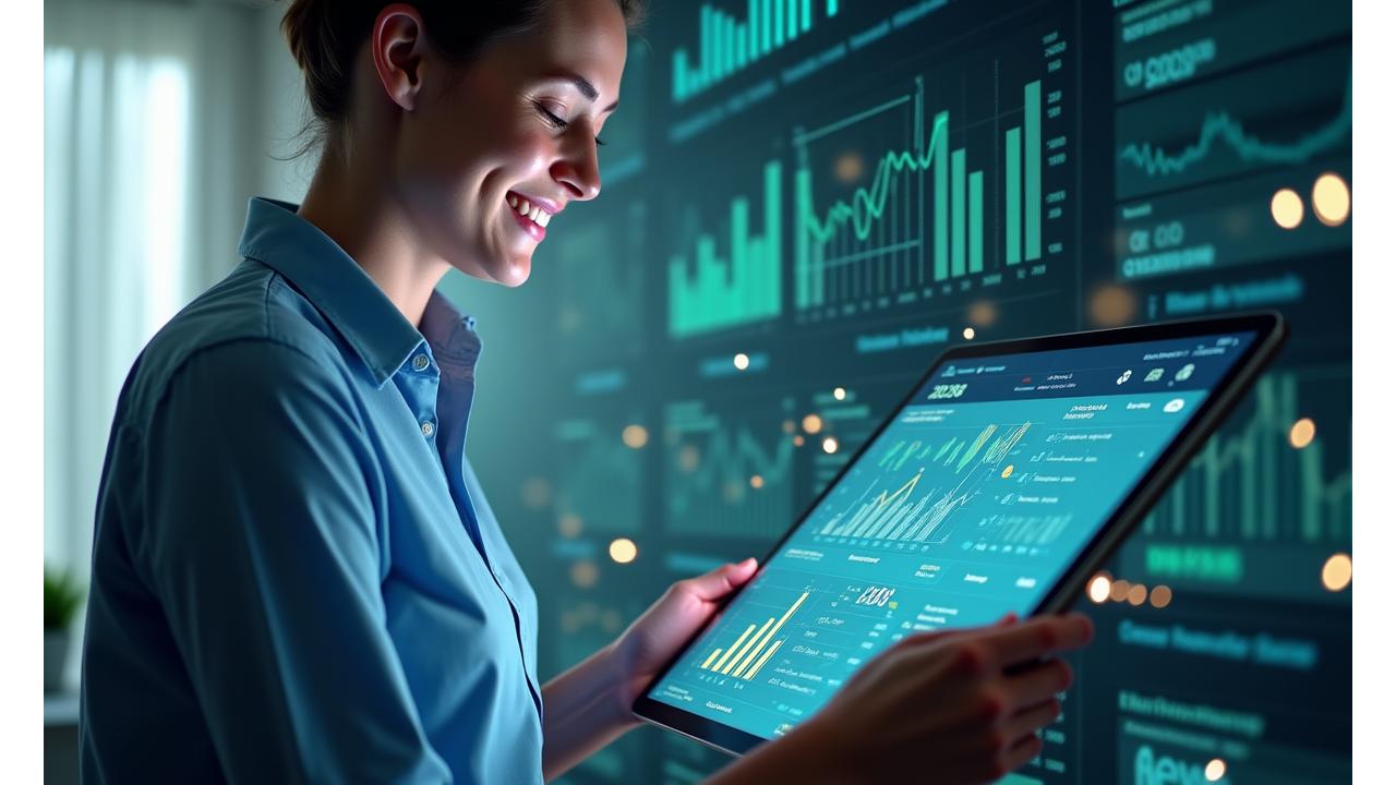 Žmogus, besinaudojantis planšetiniu kompiuteriu su finansinių paslaugų grafiku, aplink matomi įvairūs finansiniai simboliai. Šviesi aplinka, besišypsantis veidas, pabrėžiant patogumą ir pasiekiamumą.